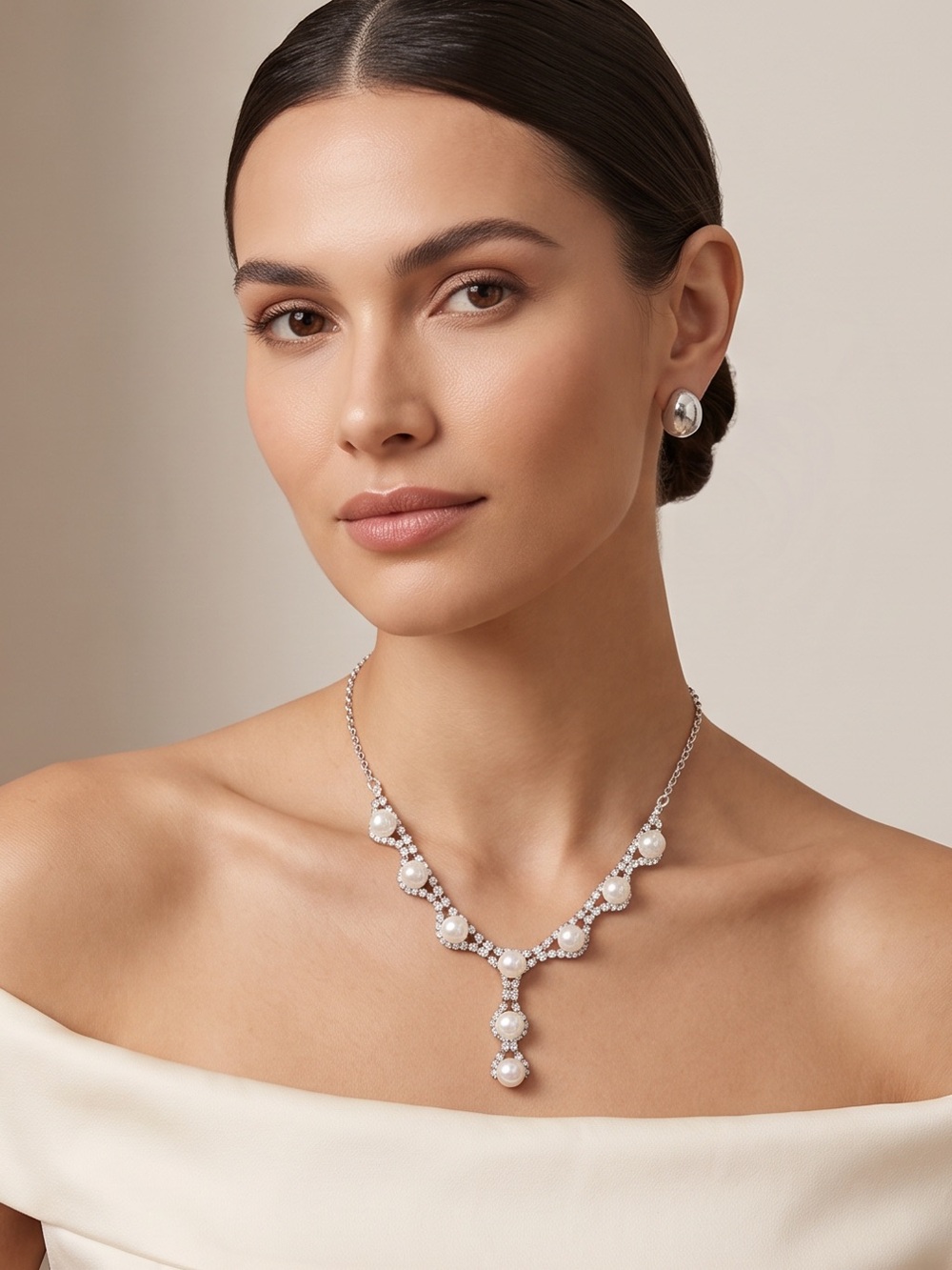 Elegant Silver Pearl Drop Necklace with Swarovski Crystals